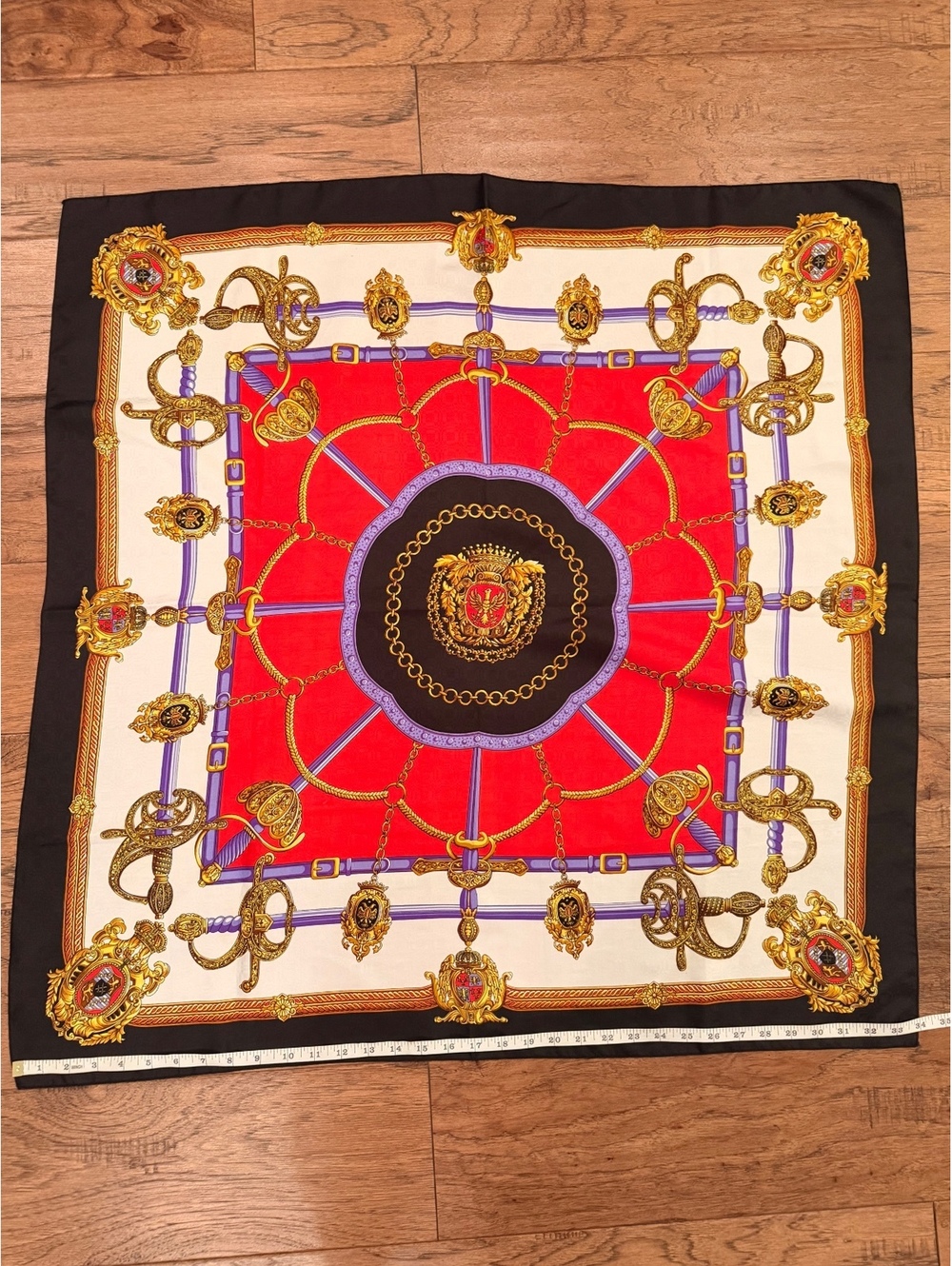 Elegant Vintage Red and Black Scarf with Gold Chain and Sword Design